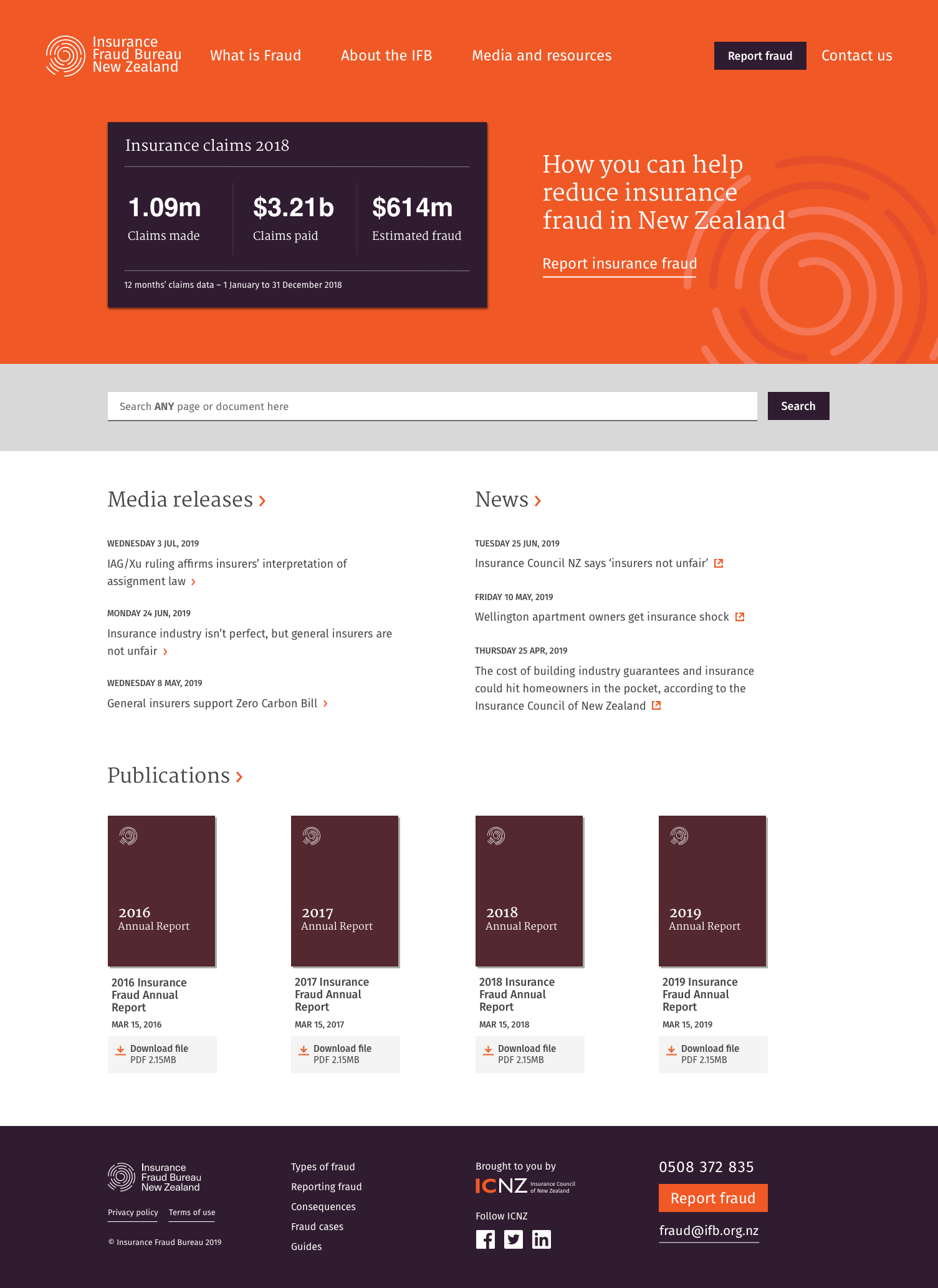 Insurance Fraud Bureau website — Home screen