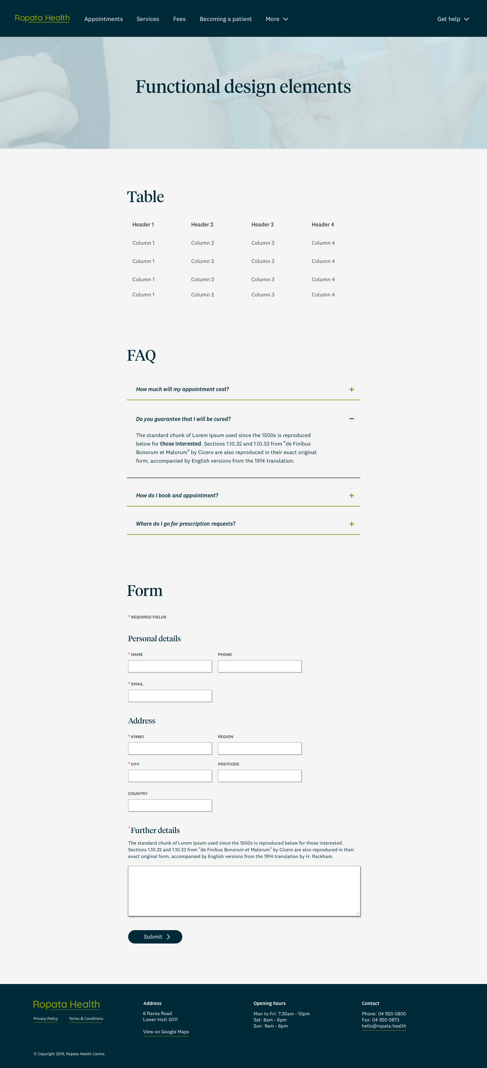 Ropata Health website — Functional elements screen