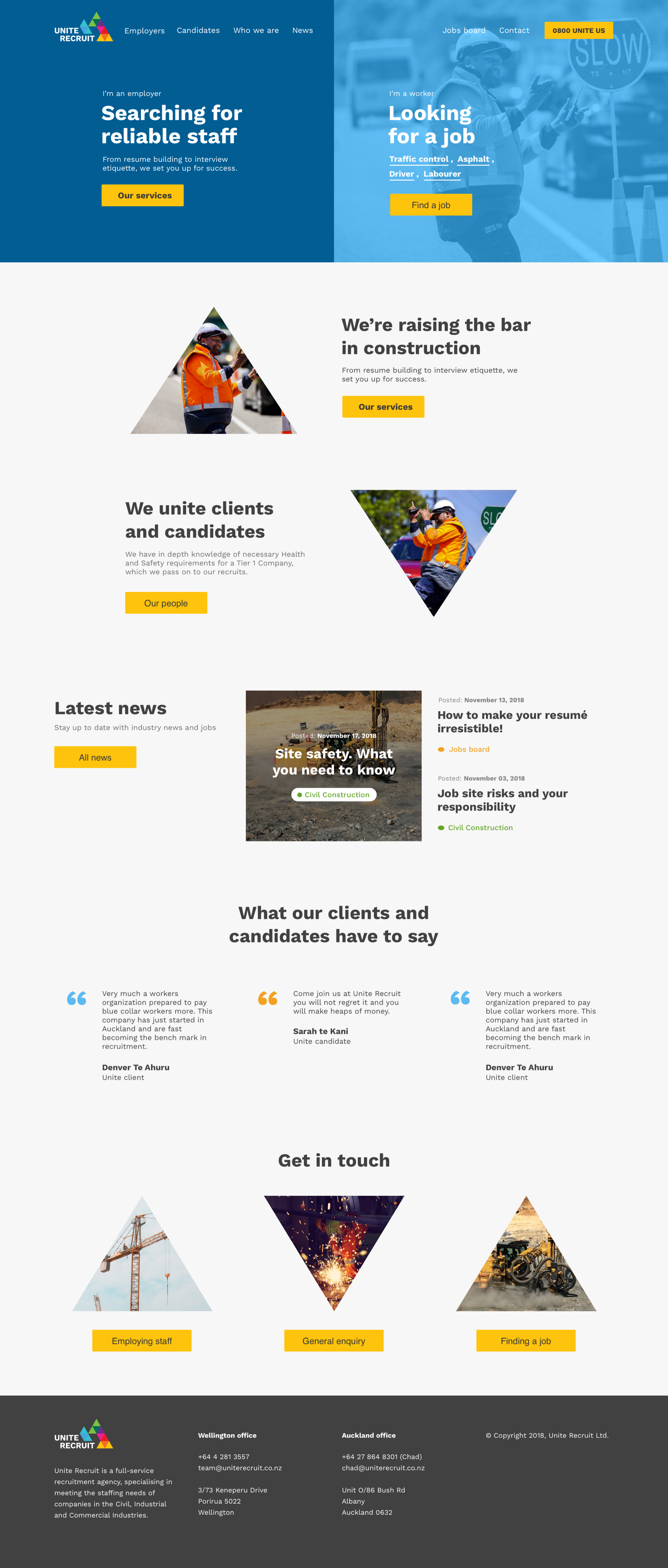 Unite Recruit website — Home screen